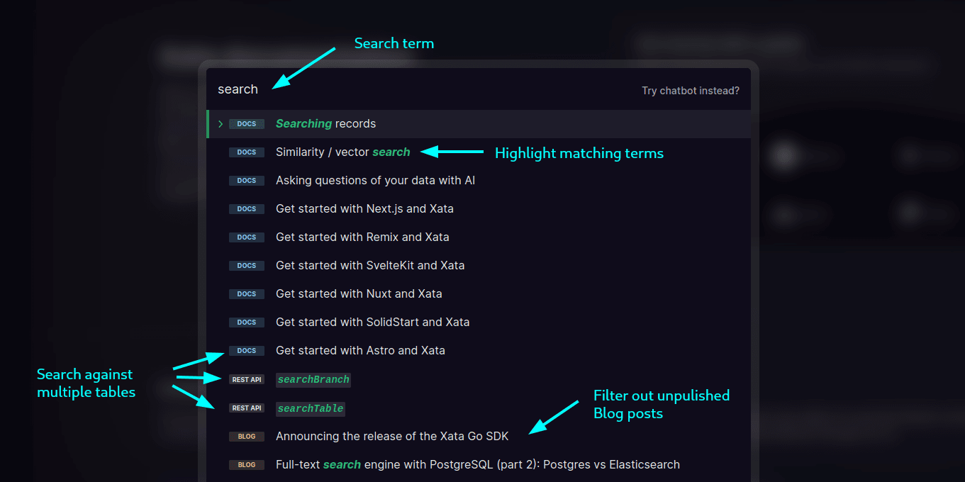 Xata's website search is powered by Xata search